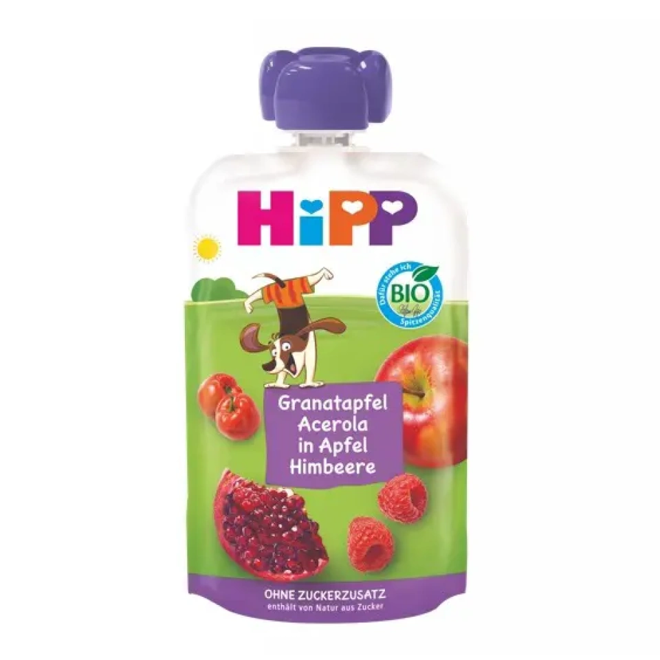 HiPP Super HiPPiS õuna-vaarikapüree granaatõuna ja acerola-kirsiga ÖKO al 1a. 100g(AT-BIO-301)