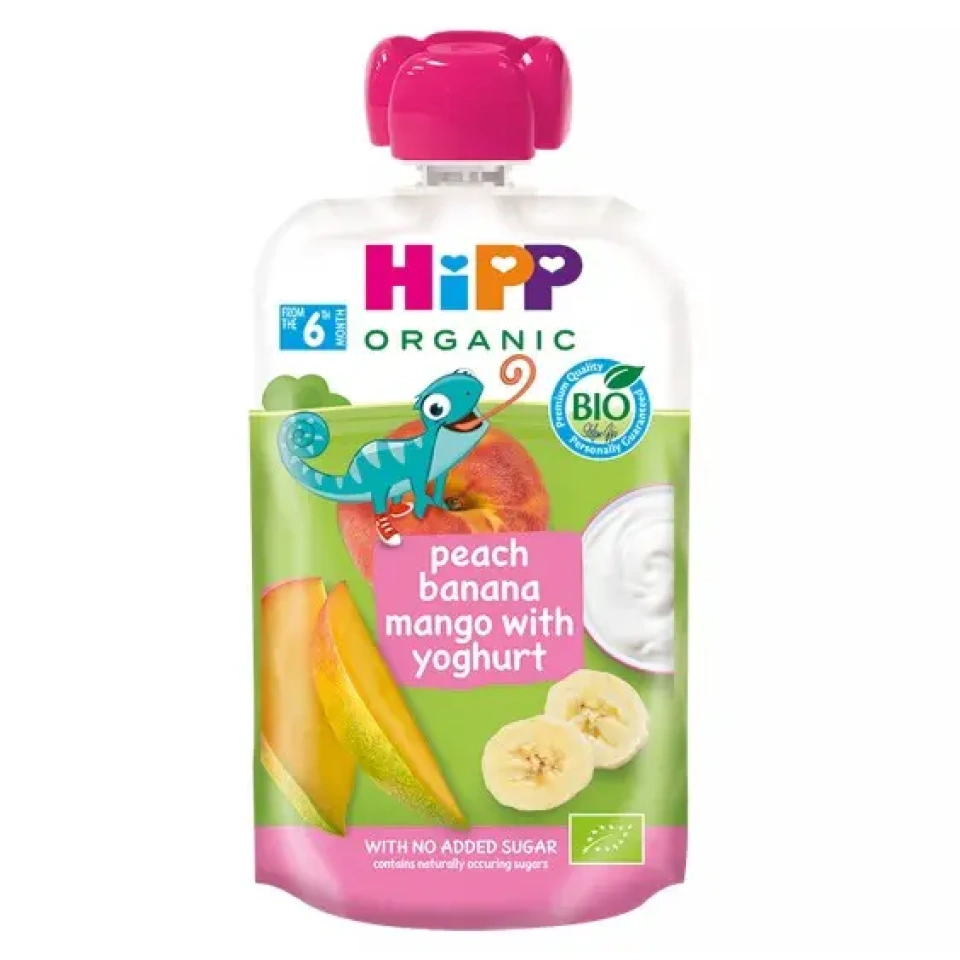 HiPP Hippis virsiku-banaanipüree, mango ja jogurtiga ÖKO al. 6k 100g (AT-BIO-301)