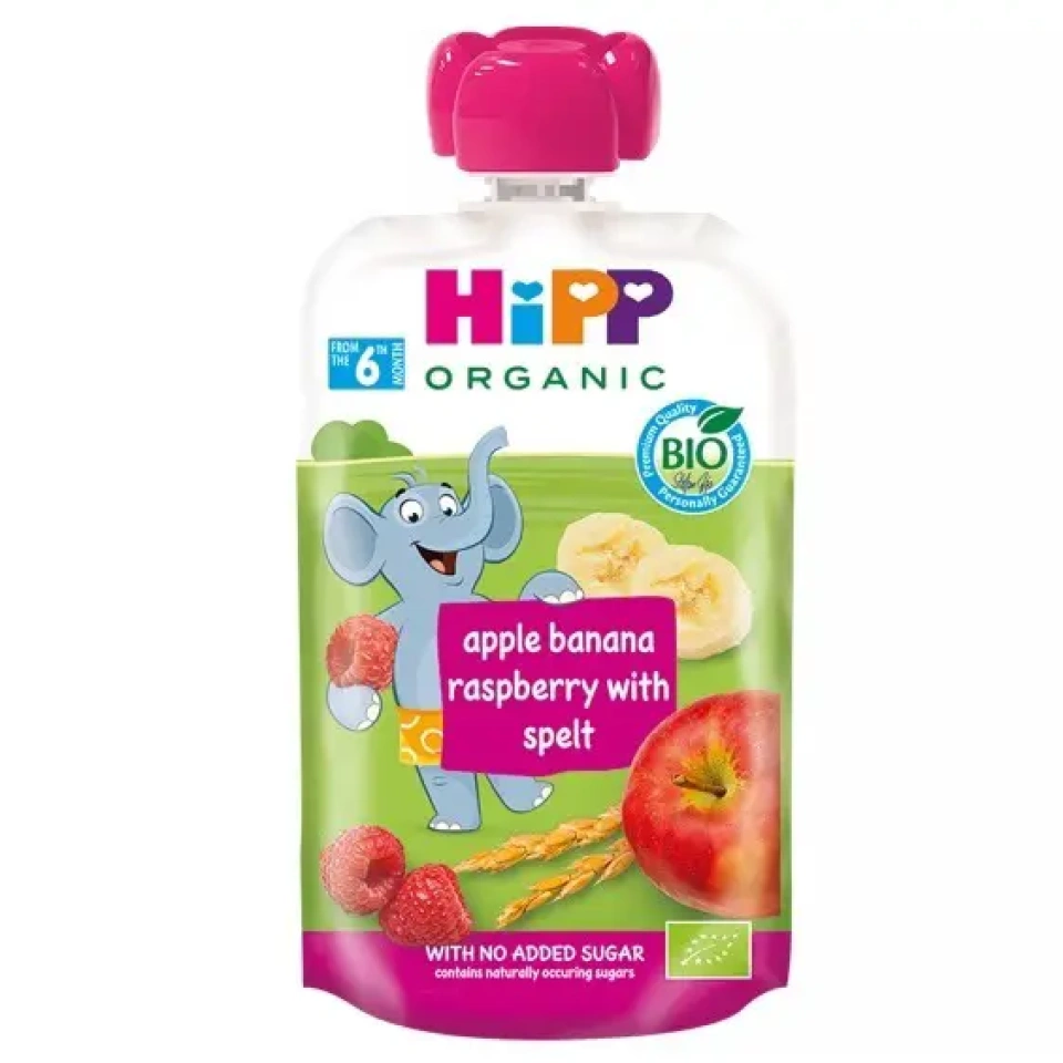 HiPP Hippis õuna-banaanipüree, vaarika ja täisteraviljaga ÖKO peale 6.k 100g (AT-BIO-301)